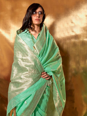 Rajwada Green Linen Woven Saree With Unstitched Blouse For Women