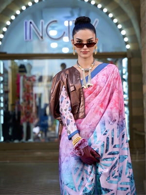 Rajwada Pink Satin Printed Saree With Unstitched Blouse For Women