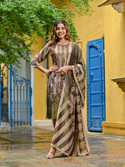 Rajwada Olive Silk Blend Printed Stitched Kurta Set For Women