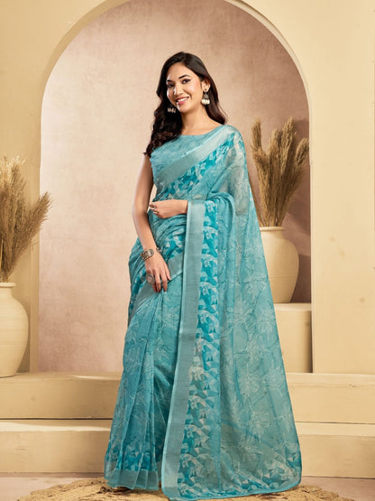 Rajwada Light Blue Cotton Linen Zari Work Saree For Women