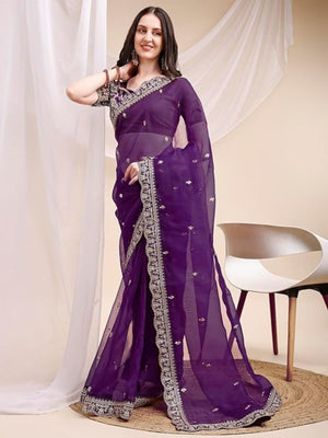Rajwada Purple Organza Embellished Solid Saree For Women