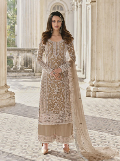 Rajwada Beige Silk Blend Embroidered Semi Stitched Kurta Set For Women