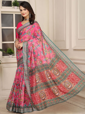 Rajwada Pink Cotton Linen Solid Printed Saree For Women