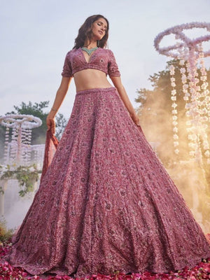 Rajwada Dusty Pink Chinon Silk Embellished Semi Stitched Lehenga For Women