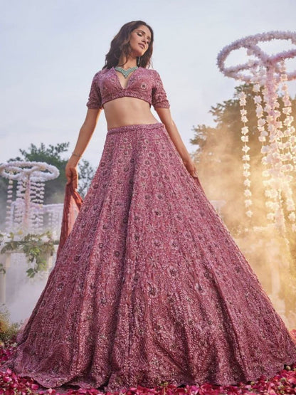Rajwada Dusty Pink Chinon Silk Embellished Semi Stitched Lehenga For Women