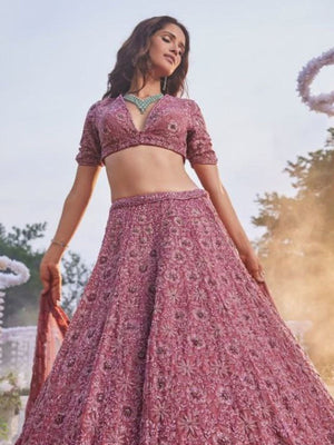 Rajwada Dusty Pink Chinon Silk Embellished Semi Stitched Lehenga For Women
