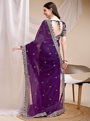 Rajwada Purple Organza Embellished Solid Saree For Women