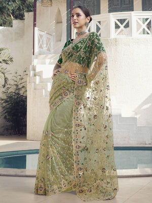 Rajwada Light Green Net Embroidered Elegant Saree For Women