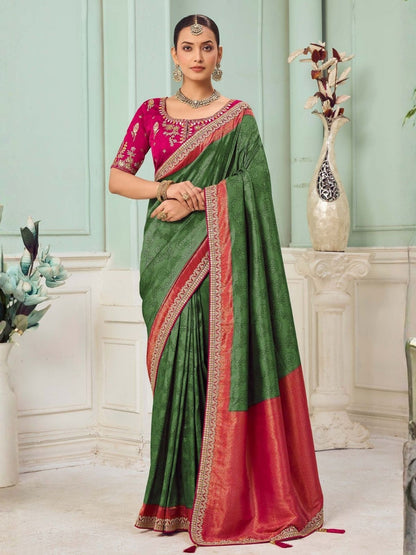 Rajwada Green Satin Embroidered Saree For Women