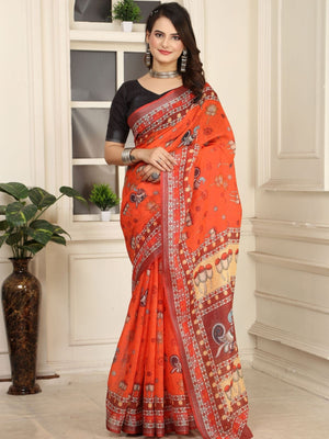 Rajwada Orange Cotton Linen Solid Printed Saree For Women