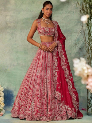 Rajwada Pink Silk Blend Embellished Semi Stitched Lehenga For Women
