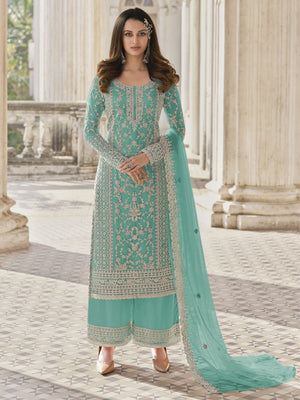 Rajwada Sky Blue Silk Blend Embroidered Semi Stitched Kurta Set For Women