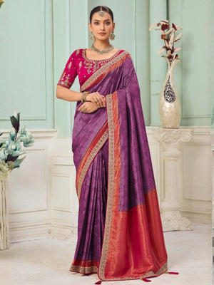 Rajwada Purple Satin Embroidered Saree For Women