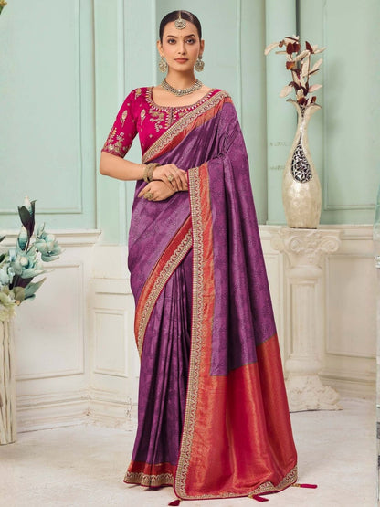 Rajwada Purple Satin Embroidered Saree For Women