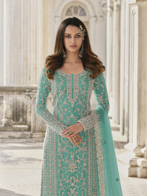 Rajwada Sky Blue Silk Blend Embroidered Semi Stitched Kurta Set For Women