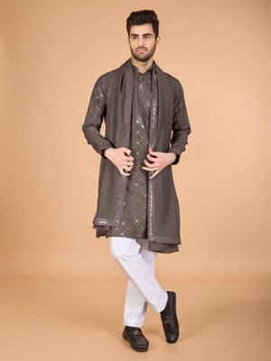 Rajwada Brown Viscose Silk Sequins Stitched Kurta For Men