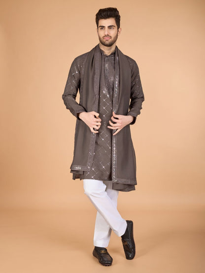 Rajwada Brown Viscose Silk Sequins Stitched Kurta For Men