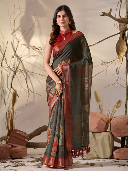Rajwada Olive green Linen Cotton Printed Saree For Women
