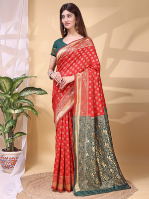 Rajwada Red Silk Blend Woven Saree For Women