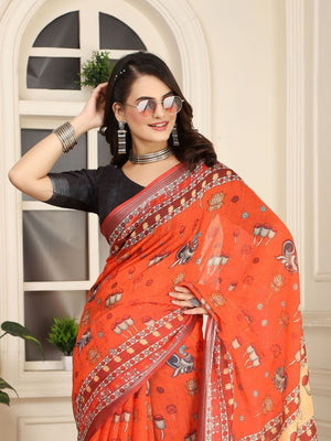 Rajwada Orange Cotton Linen Solid Printed Saree For Women