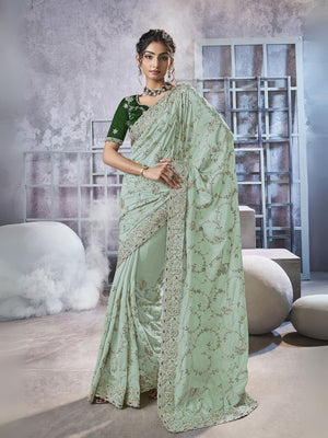 Rajwada Sea Green Georgette Embellished Elegant Saree For Women