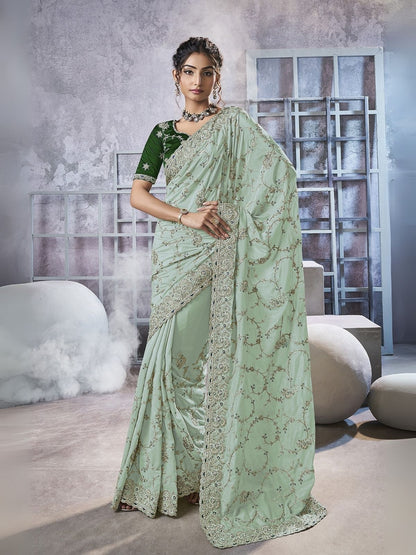 Rajwada Sea Green Georgette Embellished Elegant Saree For Women