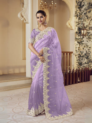 Rajwada Lavender Organza Embellished Elegant Saree For Women