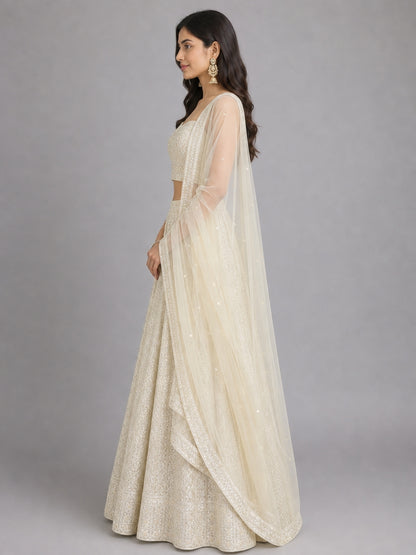 Off White Silk Blend Embellished Lehenga