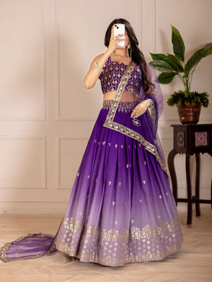 Rajwada Blue Ombre Silk Blend Embroidered Semi-Stitched lehenga For Women