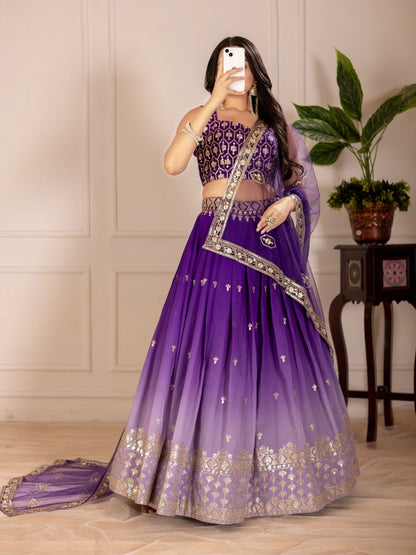 Rajwada Blue Ombre Silk Blend Embroidered Semi-Stitched lehenga For Women