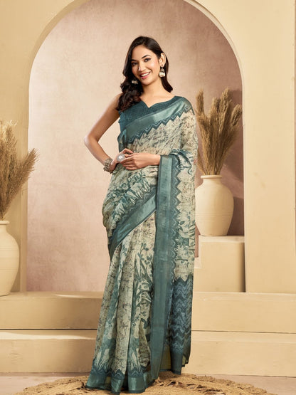 Rajwada Grey And OffWhite Cotton Linen Zari Work Saree For Women