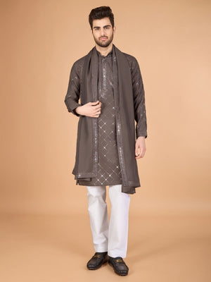 Rajwada Brown Viscose Silk Sequins Stitched Kurta For Men