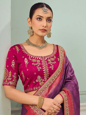 Rajwada Purple Satin Embroidered Saree For Women