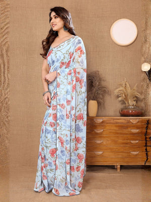 Rajwada Sky Blue Georgette Printed Saree For Women