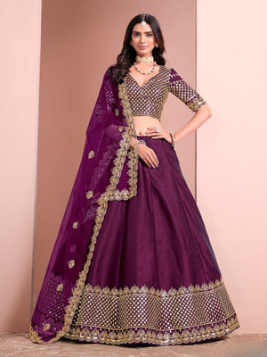 Rajwada Purple Art Silk Embellished Semi-Stitched lehenga For Women
