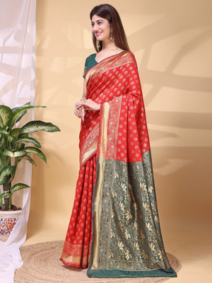 Rajwada Red Silk Blend Woven Saree For Women