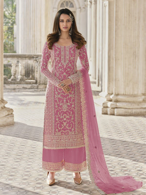 Rajwada Pink Silk Blend Embroidered Semi Stitched Kurta Set For Women