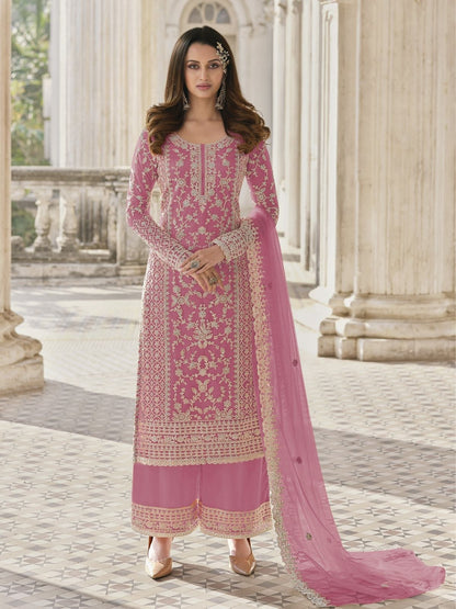 Rajwada Pink Silk Blend Embroidered Semi Stitched Kurta Set For Women