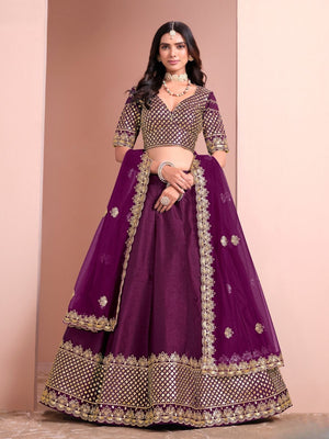 Rajwada Purple Art Silk Embellished Semi-Stitched lehenga For Women