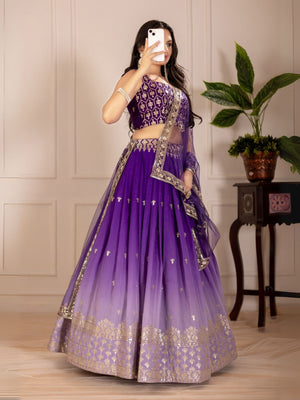 Rajwada Blue Ombre Silk Blend Embroidered Semi-Stitched lehenga For Women