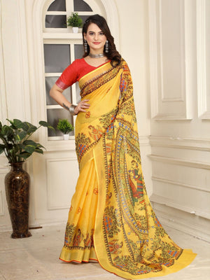Rajwada Yellow Cotton Linen Solid Printed Saree For Women