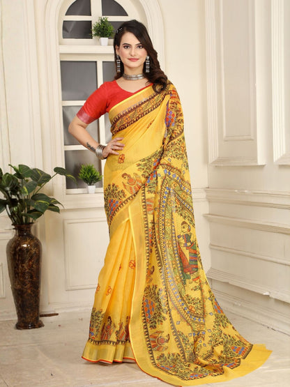 Rajwada Yellow Cotton Linen Solid Printed Saree For Women