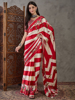 Rajwada Red And White Silk Blend Printed Elegant Saree For Women