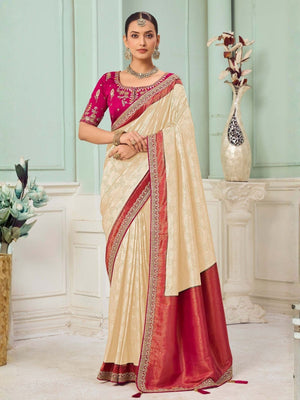 Rajwada Off White Satin Embroidered Saree For Women