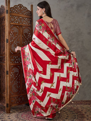Rajwada Red And White Silk Blend Printed Elegant Saree For Women