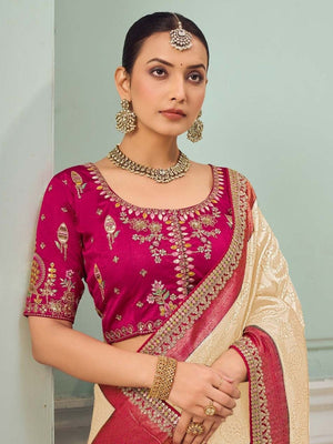 Rajwada Off White Satin Embroidered Saree For Women