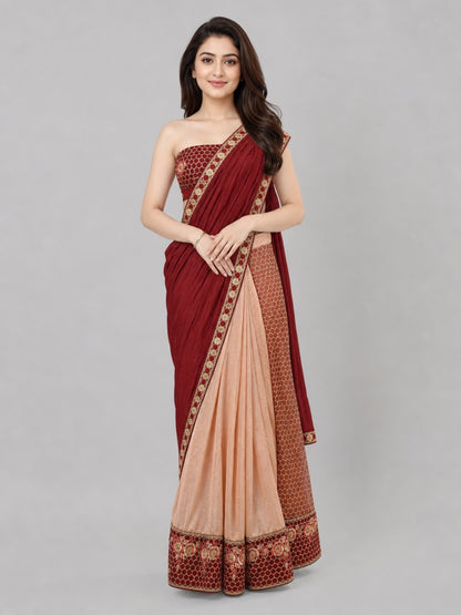 Brown And Peach Silk Blend Embellished Saree