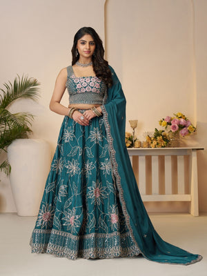 Rajwada Teal Blue Silk Blend Embroidered Semi-Stitched Lehenga For Women