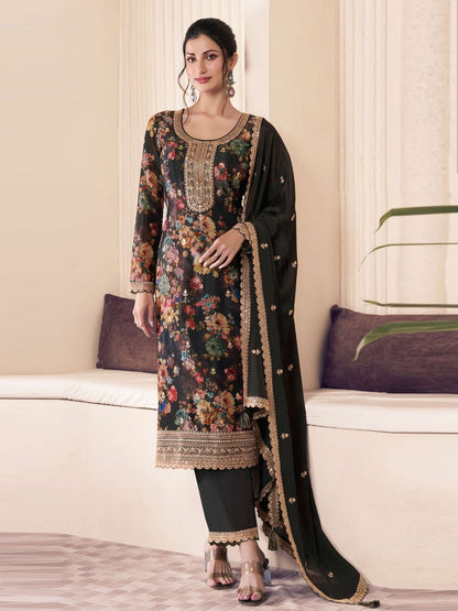 Rajwada Black Chiffon Printed And Embroidered Semi Stitched Kurta Set For Women