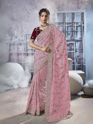 Rajwada Pink Georgette Embellished Elegant Saree For Women